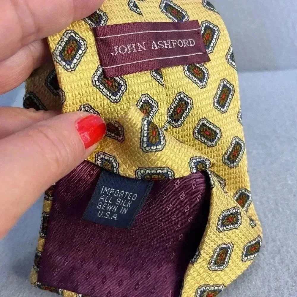 John Ashford Vintage 100% Silk Tie Geometric Golden Yellow with red accents
